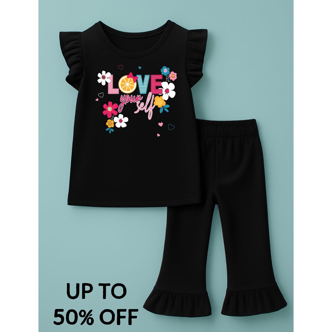 Love your self black Floral T-shirt & Trouser set