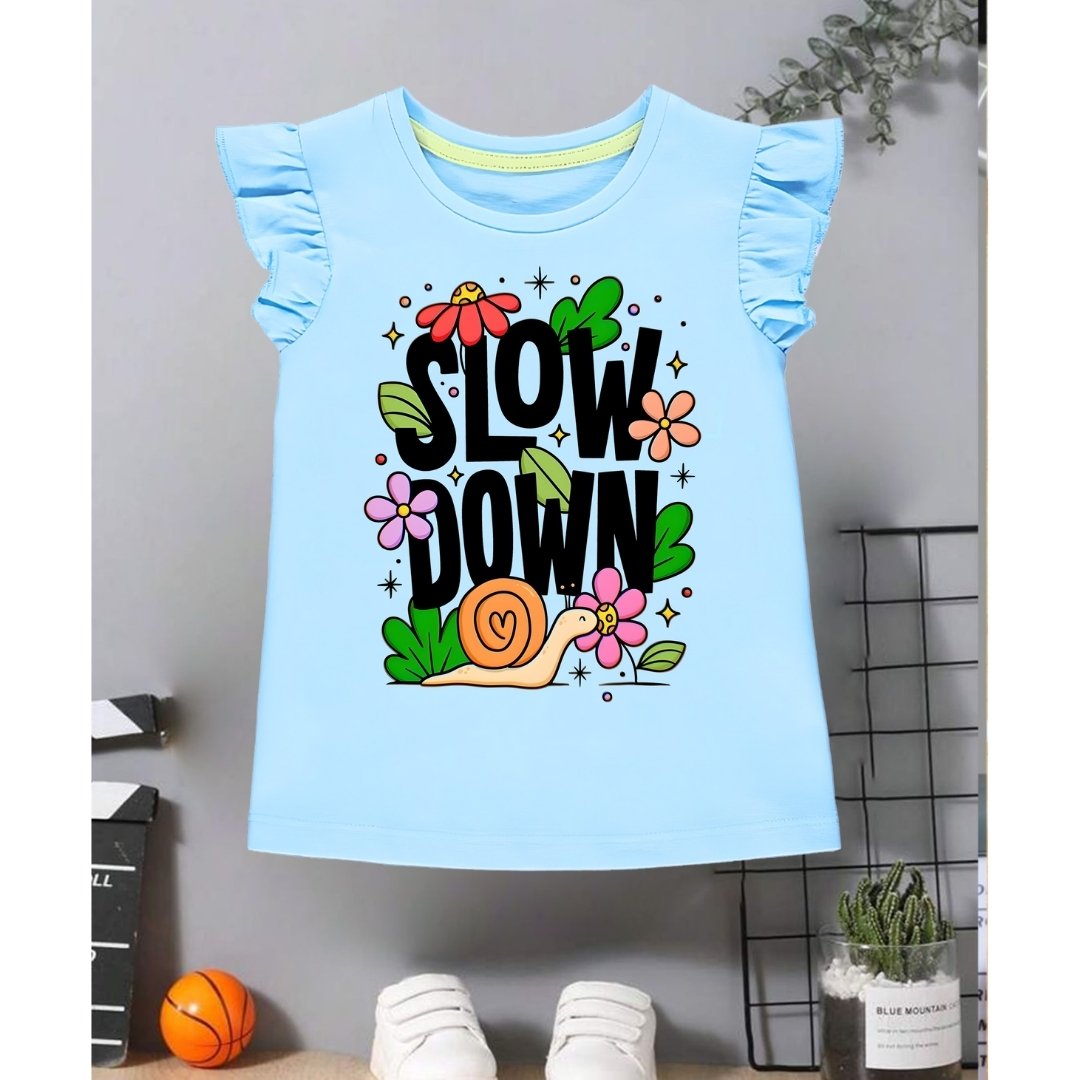 Slow Down Sky Blue printed T-shirt for girls