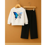 Butterfly Printed white sweatshirt with open bottom style trouser for girls